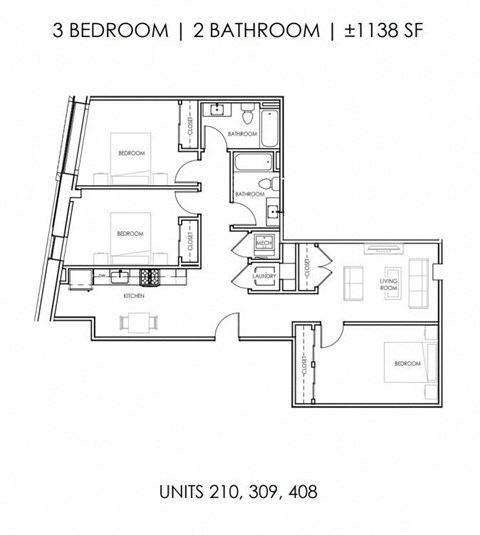 Floor plan for 3 beds, 2 baths, 1138 sqft